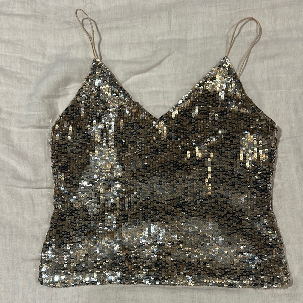 Alice + Olivia Gold Sequin Fitted Camisole Crop Top